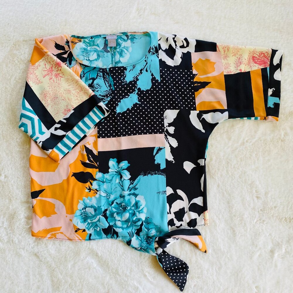 Chico's Shirt Dolman Sleeve Multicolor Floral & Polka Dots size 0